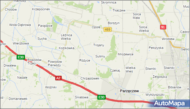 mapa Sulimy gmina Parzęczew, Sulimy gmina Parzęczew na mapie Targeo