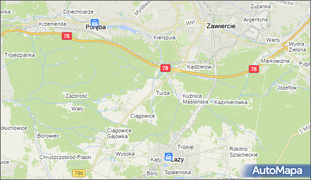 mapa Turza gmina Łazy, Turza gmina Łazy na mapie Targeo