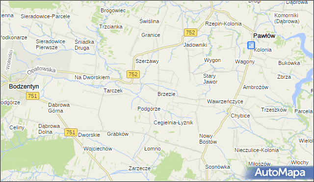 mapa Brzezie gmina Pawłów, Brzezie gmina Pawłów na mapie Targeo