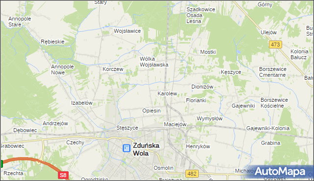 mapa Karolew gmina Zduńska Wola, Karolew gmina Zduńska Wola na mapie Targeo