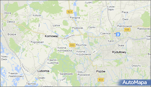 mapa Rzuchów gmina Kornowac, Rzuchów gmina Kornowac na mapie Targeo