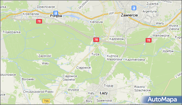 mapa Turza gmina Łazy, Turza gmina Łazy na mapie Targeo