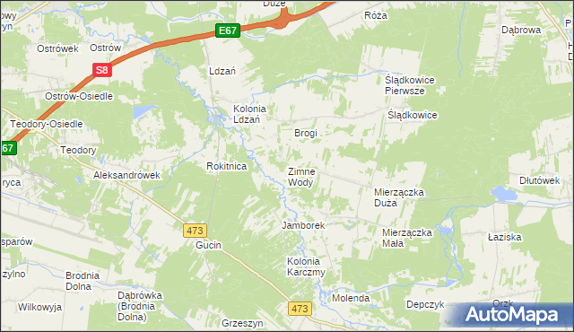 mapa Zimne Wody gmina Dobroń, Zimne Wody gmina Dobroń na mapie Targeo