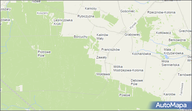 mapa Zawały gmina Rzeczniów, Zawały gmina Rzeczniów na mapie Targeo