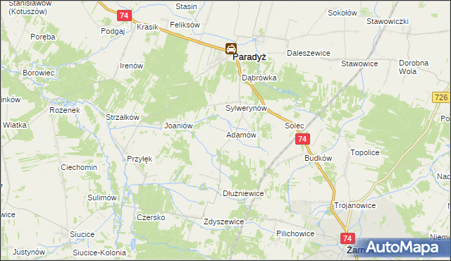 mapa Adamów gmina Paradyż, Adamów gmina Paradyż na mapie Targeo