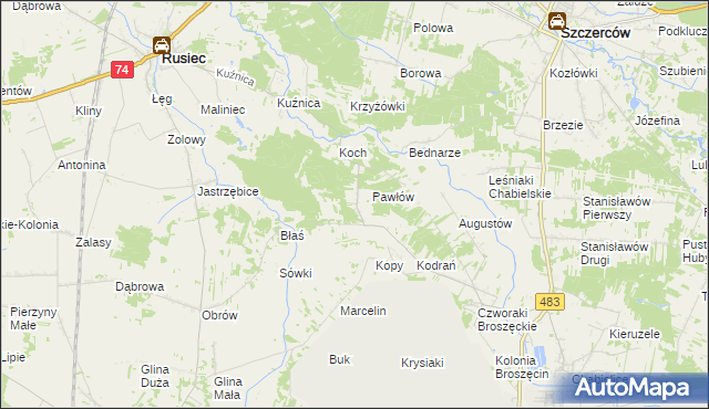 mapa Andrzejów gmina Rusiec, Andrzejów gmina Rusiec na mapie Targeo