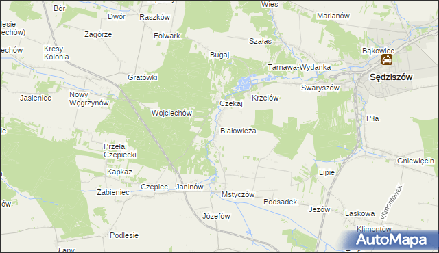 mapa Białowieża gmina Sędziszów, Białowieża gmina Sędziszów na mapie Targeo