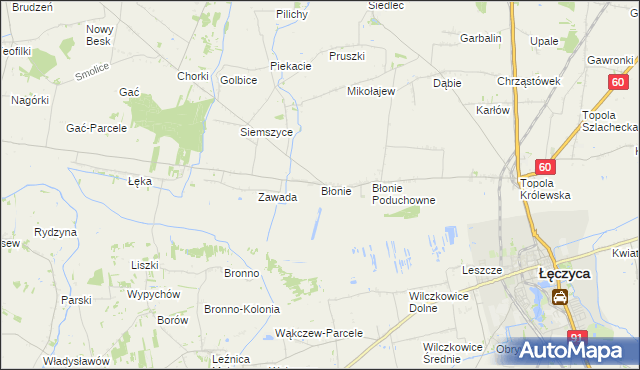 mapa Błonie gmina Łęczyca, Błonie gmina Łęczyca na mapie Targeo