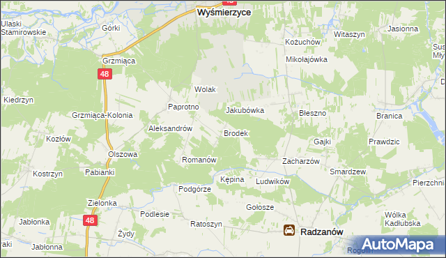 mapa Brodek gmina Wyśmierzyce, Brodek gmina Wyśmierzyce na mapie Targeo