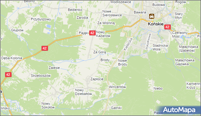 mapa Brody gmina Końskie, Brody gmina Końskie na mapie Targeo