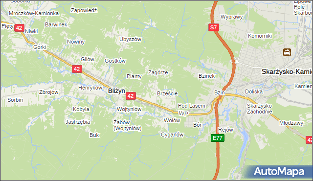 mapa Brzeście gmina Bliżyn, Brzeście gmina Bliżyn na mapie Targeo