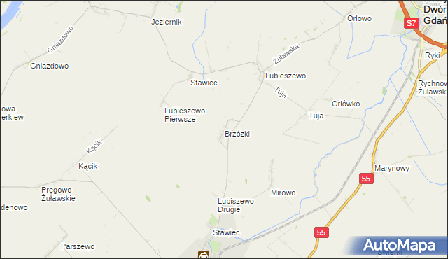 mapa Brzózki gmina Nowy Staw, Brzózki gmina Nowy Staw na mapie Targeo
