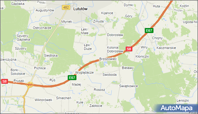 mapa Brzozowiec gmina Lututów, Brzozowiec gmina Lututów na mapie Targeo