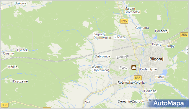 mapa Dąbrowica gmina Biłgoraj, Dąbrowica gmina Biłgoraj na mapie Targeo