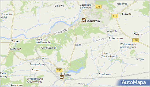 mapa Dębe gmina Lubasz, Dębe gmina Lubasz na mapie Targeo