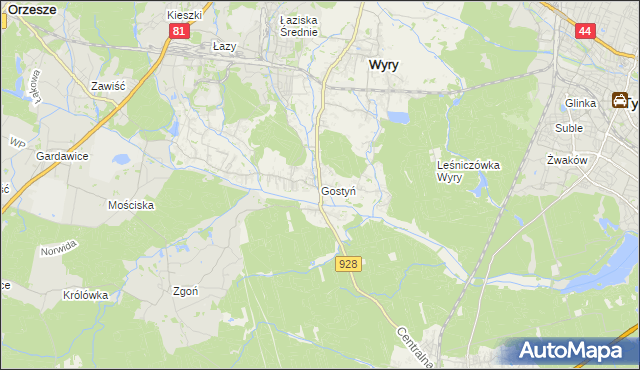 mapa Gostyń gmina Wyry, Gostyń gmina Wyry na mapie Targeo