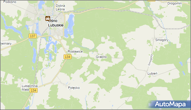 mapa Grabno gmina Ośno Lubuskie, Grabno gmina Ośno Lubuskie na mapie Targeo