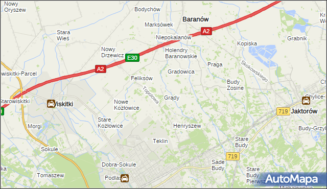 mapa Grądy gmina Jaktorów, Grądy gmina Jaktorów na mapie Targeo