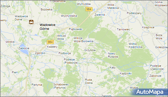 mapa Grzybów gmina Wadowice Górne, Grzybów gmina Wadowice Górne na mapie Targeo