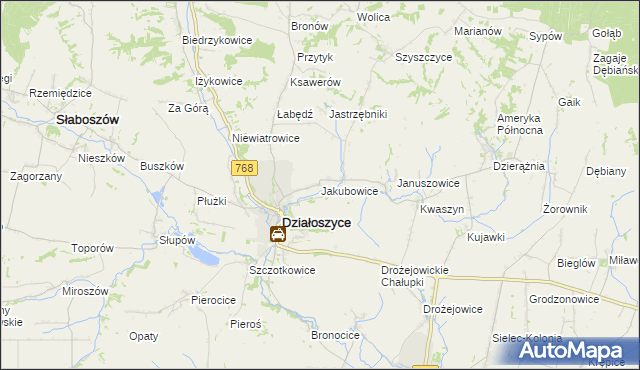 mapa Jakubowice gmina Działoszyce, Jakubowice gmina Działoszyce na mapie Targeo