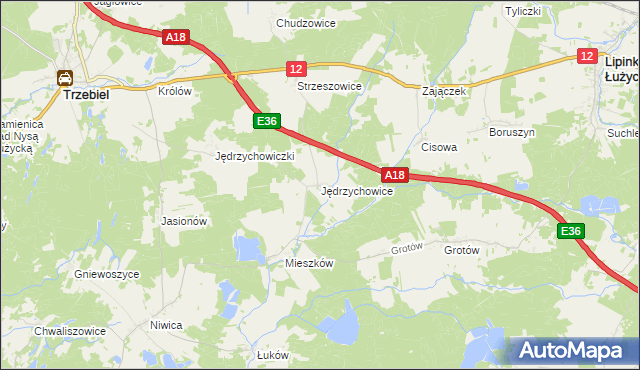 mapa Jędrzychowice gmina Trzebiel, Jędrzychowice gmina Trzebiel na mapie Targeo