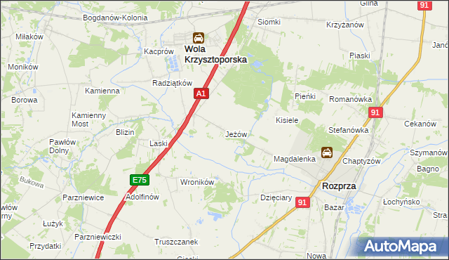 mapa Jeżów gmina Wola Krzysztoporska, Jeżów gmina Wola Krzysztoporska na mapie Targeo