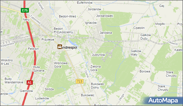 mapa Justynów gmina Andrespol, Justynów gmina Andrespol na mapie Targeo