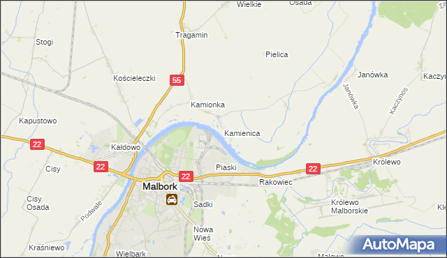 mapa Kamienica gmina Malbork, Kamienica gmina Malbork na mapie Targeo