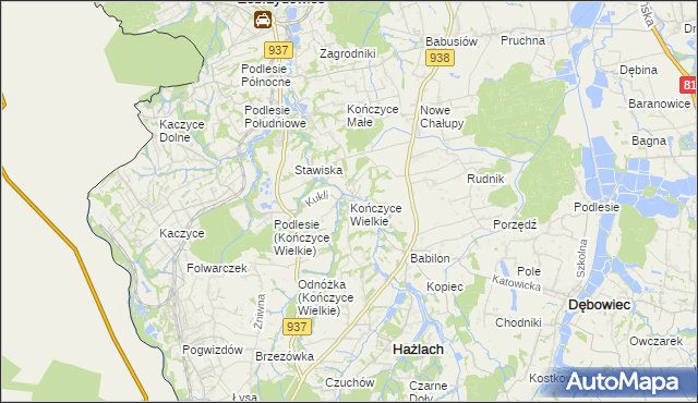 mapa Kończyce Wielkie, Kończyce Wielkie na mapie Targeo