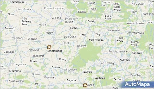 mapa Kostrza gmina Jodłownik, Kostrza gmina Jodłownik na mapie Targeo