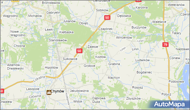 mapa Kozłów gmina Chynów, Kozłów gmina Chynów na mapie Targeo