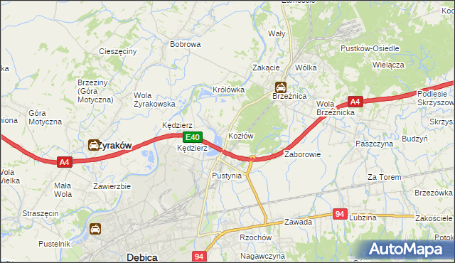 mapa Kozłów gmina Dębica, Kozłów gmina Dębica na mapie Targeo