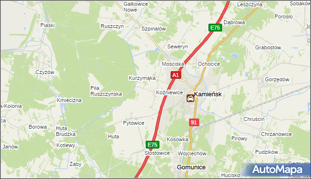 mapa Koźniewice, Koźniewice na mapie Targeo