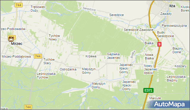 mapa Krzewa gmina Mirzec, Krzewa gmina Mirzec na mapie Targeo
