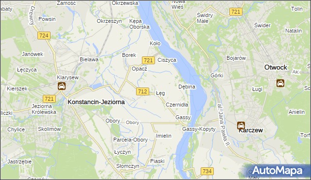 mapa Łęg gmina Konstancin-Jeziorna, Łęg gmina Konstancin-Jeziorna na mapie Targeo