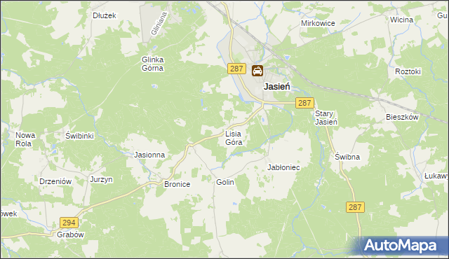 mapa Lisia Góra gmina Jasień, Lisia Góra gmina Jasień na mapie Targeo