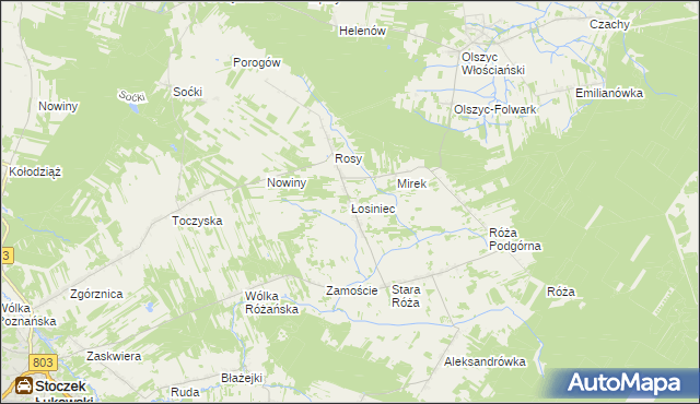 mapa Łosiniec gmina Stoczek Łukowski, Łosiniec gmina Stoczek Łukowski na mapie Targeo