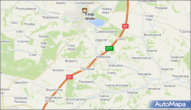 mapa Małoszów gmina Książ Wielki, Małoszów gmina Książ Wielki na mapie Targeo