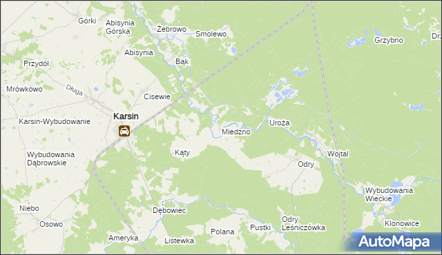 mapa Miedzno gmina Karsin, Miedzno gmina Karsin na mapie Targeo