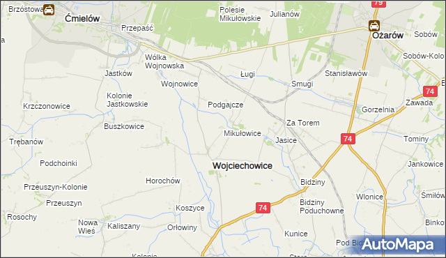 mapa Mikułowice gmina Wojciechowice, Mikułowice gmina Wojciechowice na mapie Targeo