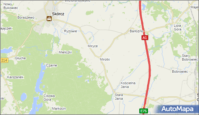 mapa Mirotki gmina Skórcz, Mirotki gmina Skórcz na mapie Targeo