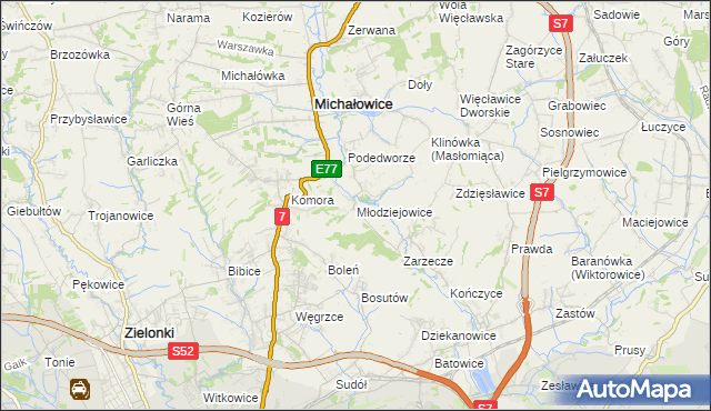 mapa Młodziejowice gmina Michałowice, Młodziejowice gmina Michałowice na mapie Targeo