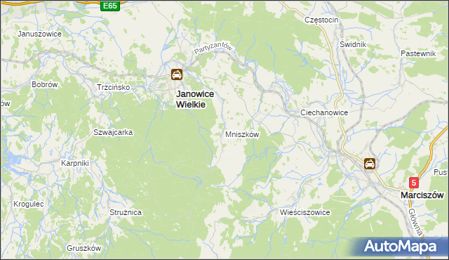 mapa Mniszków gmina Janowice Wielkie, Mniszków gmina Janowice Wielkie na mapie Targeo