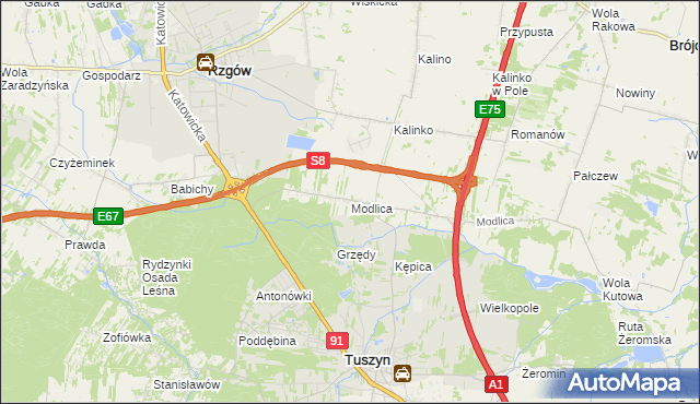 mapa Modlica gmina Tuszyn, Modlica gmina Tuszyn na mapie Targeo