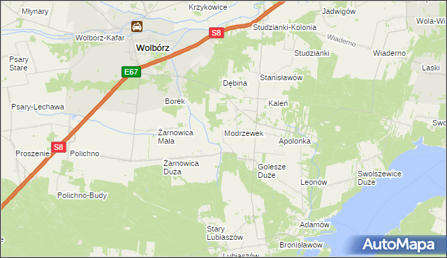 mapa Modrzewek gmina Wolbórz, Modrzewek gmina Wolbórz na mapie Targeo