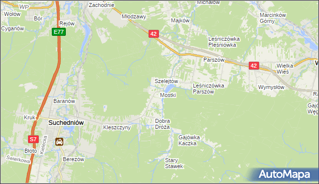 mapa Mostki gmina Suchedniów, Mostki gmina Suchedniów na mapie Targeo