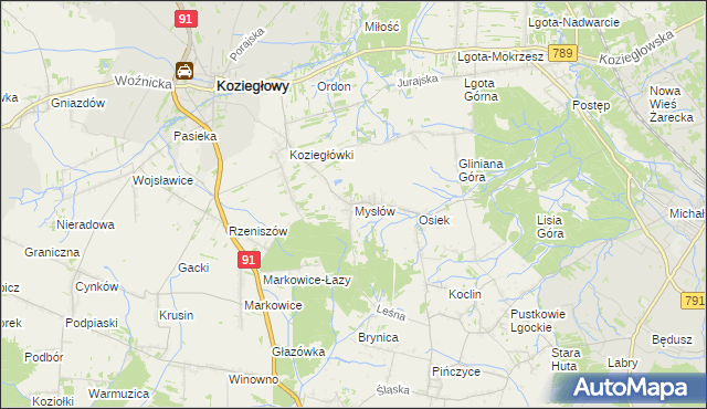 mapa Mysłów gmina Koziegłowy, Mysłów gmina Koziegłowy na mapie Targeo