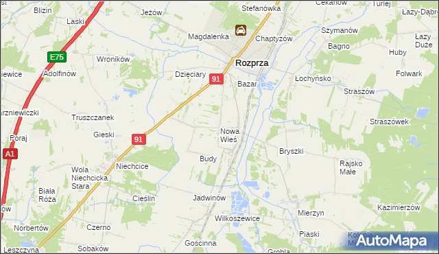 mapa Nowa Wieś gmina Rozprza, Nowa Wieś gmina Rozprza na mapie Targeo