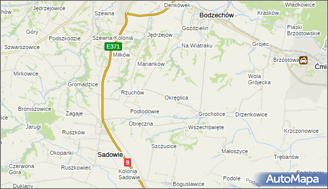 mapa Okręglica gmina Sadowie, Okręglica gmina Sadowie na mapie Targeo