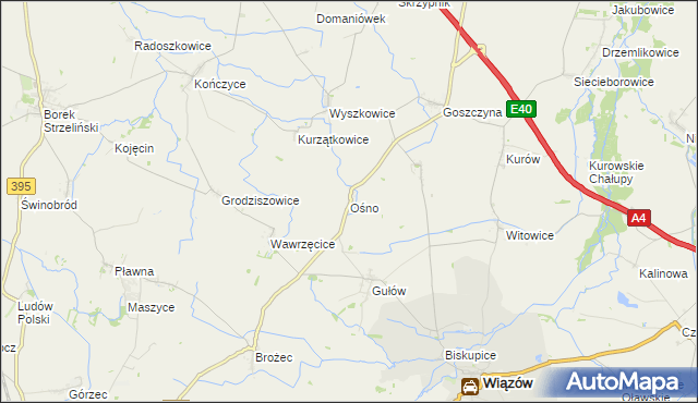 mapa Ośno gmina Wiązów, Ośno gmina Wiązów na mapie Targeo